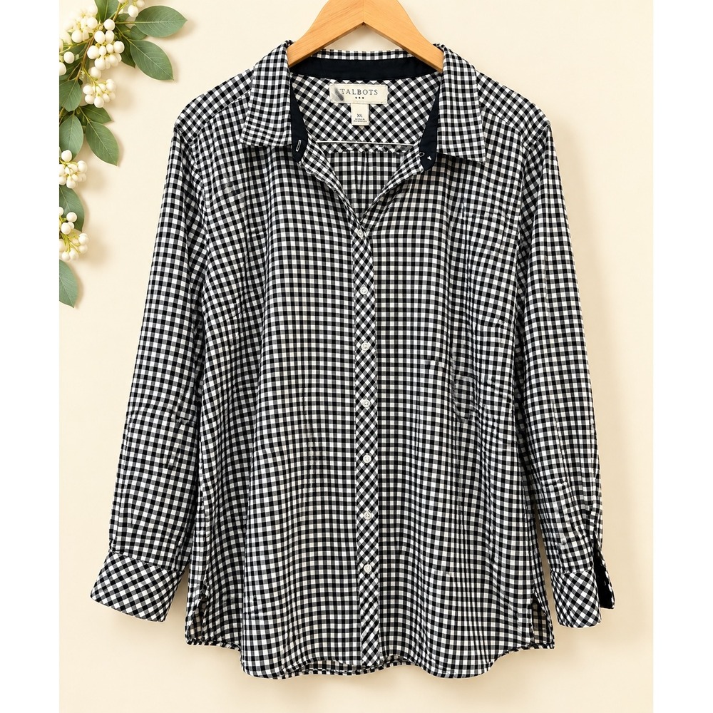 Talbots Womens XL Black White Gingham Check Cotton Button Down Shirt Long Sleeve